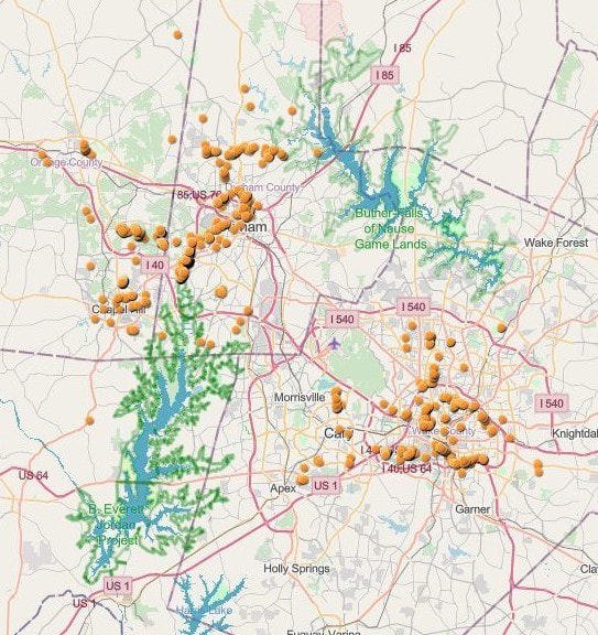 Map of the NC Triangle area showing clusters of orange dots where fig buttercup has been observed.